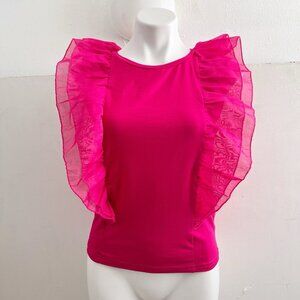 Celebrity Hot Pink Ruffle Flutter Sleeve Top Fuchsia Organza Barbiecore LARGE